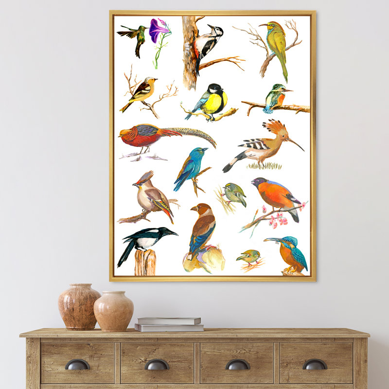 «Vibrant Coloured Birds Plancard», reproduction sur toile, H 32 po x l 16 po x P 1 po, Toile encadrée dorée
