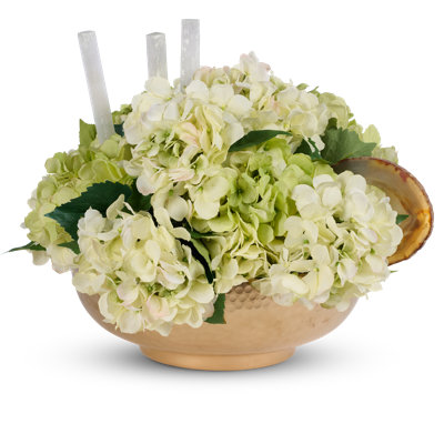 Cream hydranges in gold hammered metal container