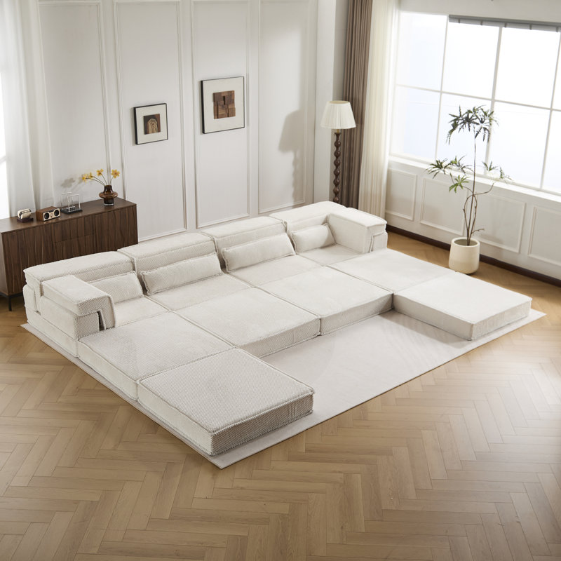 Canapé à compression Mahjong, canapé-lit convertible au sol, canapé modulaire modulaire désossé DIY, aucun assemblage requis, tissu polaire circulaire, surdimensionné à 4 places avec 1 repose-pieds, blanc