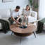 Table basse ronde moderne de 90 cm (35,4 po) avec dessus en verre incrusté et pieds en acier au carbone - Noyer