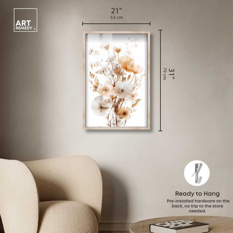 «Parchment Petals Shadowbox Print», art floral élégant par Art Remedy, H 31 po x l 21 po, Crème, crème