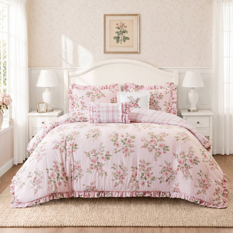 Piece Full Queen Bedding Sets, Pink Microfiber Floral Ruffle Bedroom Set