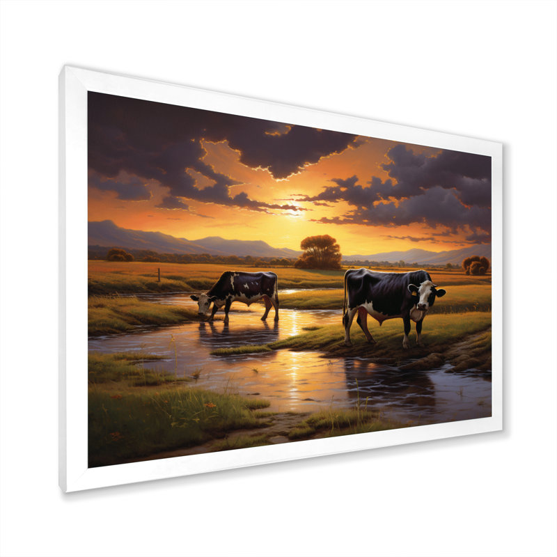 «Kvon Cows At Farm Landscape II», reproduction sur toile, H 34 po x l 44 po x P 1,5 po, Cadre simple blanc
