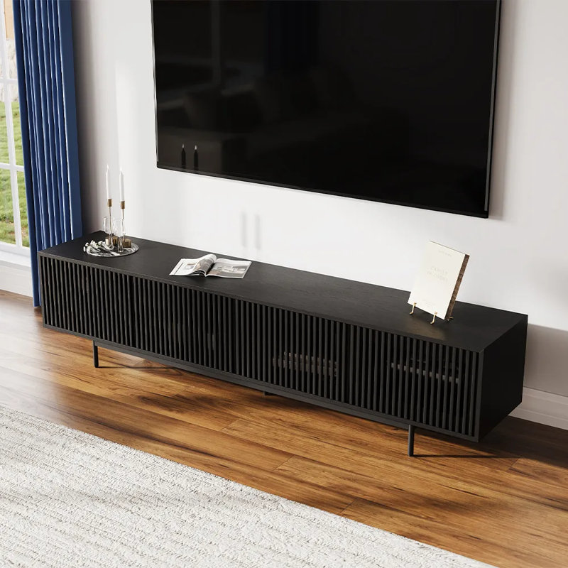 Meuble télé Mid-Century moderne, entièrement assemblé, H 21,26 po x L 94,49 po x l 18,89 po, Noir