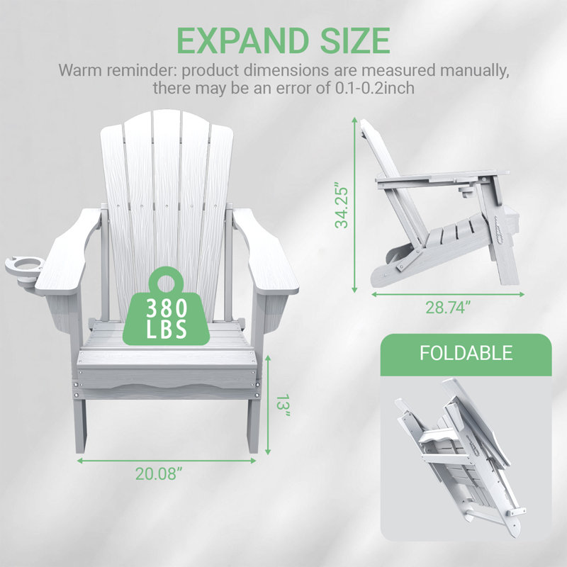 Pakkdiarie Folding Adirondack Chair with Cup Holder,HDPE Outdoor Chair with Comfort Ergonomic Seat for Patios,Lawn,Garden, Backyard Use