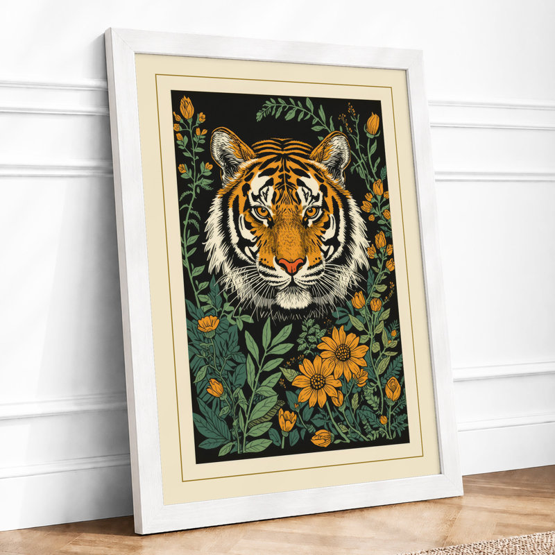 Tiger in the Flowers Botanical - Framed Print, A2 - 59.4 x 42.0 cm, White
