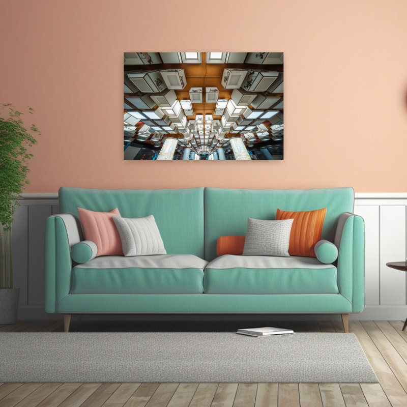 Ornement de plafonniers asiatiques géométriques, architecture traditionnelle moderne, impression d'art mural, 32" H x 48" W