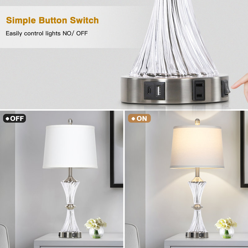 28" Modern Glass USB Table Lamp Set Built-In Outlet, Bulb Included