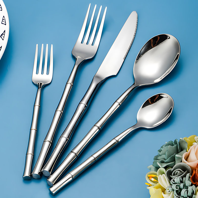 Ensemble de couverts 30 pièces en acier inoxydable à poignée en bambou 304 - Couteau à steak, fourchette et cuillère pour le restaurant, l'hôtel et la maison