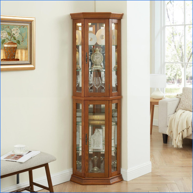 Cabinets: Lighted Corner Curio Cabinet with Glass Doors, Adjustable Shelves &amp; Included Bulb | Traditional | MDF+glass