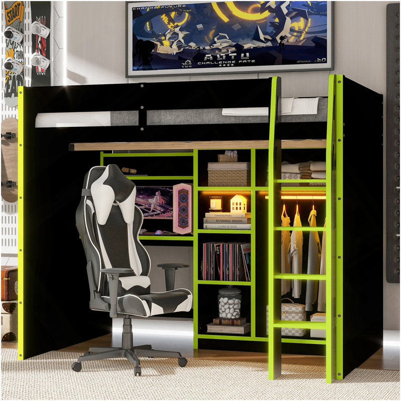 Lit mezzanine en bois pleine grandeur avec bureau, garde-robe ouverte, compartiments de rangement et lumières RVB, vert