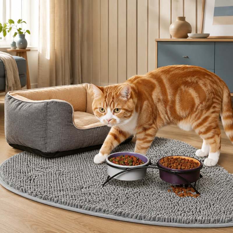 Tapis d'angle gris clair 31 x 31 pouces pour litière, avec une surface texturée retenant les débris et une conception d'angle pour les bacs à litière ; le tapis est imperméable, antidérapant, lavable à la machine, facile à nettoyer et possède une protection imperméable contre les saletés au sol.