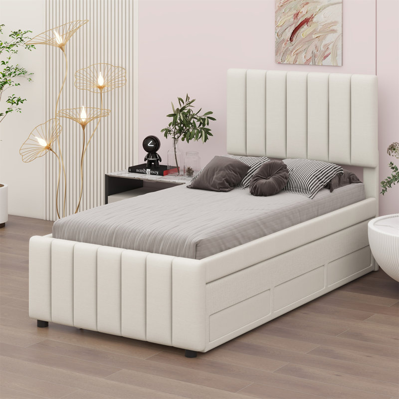 Lit simple avec lit gigogne escamotable et 3 tiroirs de rangement en dessous, lit plateforme simple tapissier en lin, Beige