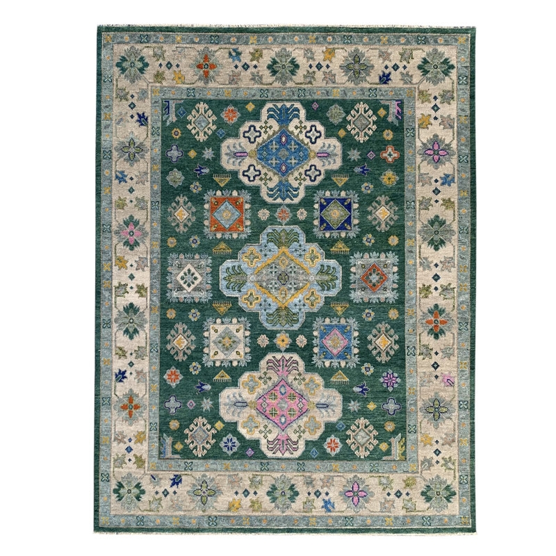 Tapis traditionnel vert en laine noué à la main vert / beige Eves, Rectangulaire 8 pi x 10 pi