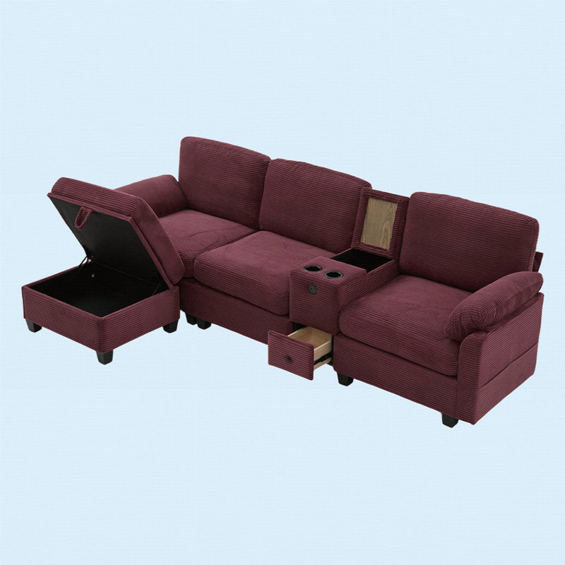 Canapé en velours côtelé L-Type avec design segmenté 4 places, porte-gobelet, port USB, boîte de rangement, console mobile et repose-pieds