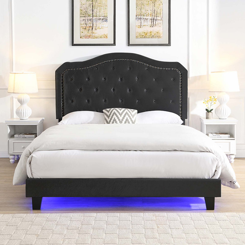 Upholstered Bed With LED Light-Platform Bed, Black