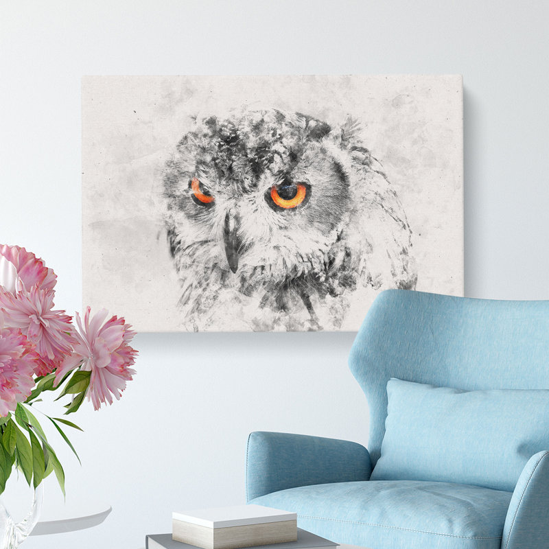 Orange Eyed Owl Watercolour - Wrapped Canvas Print, 50cm H x 76cm W x 3cm D