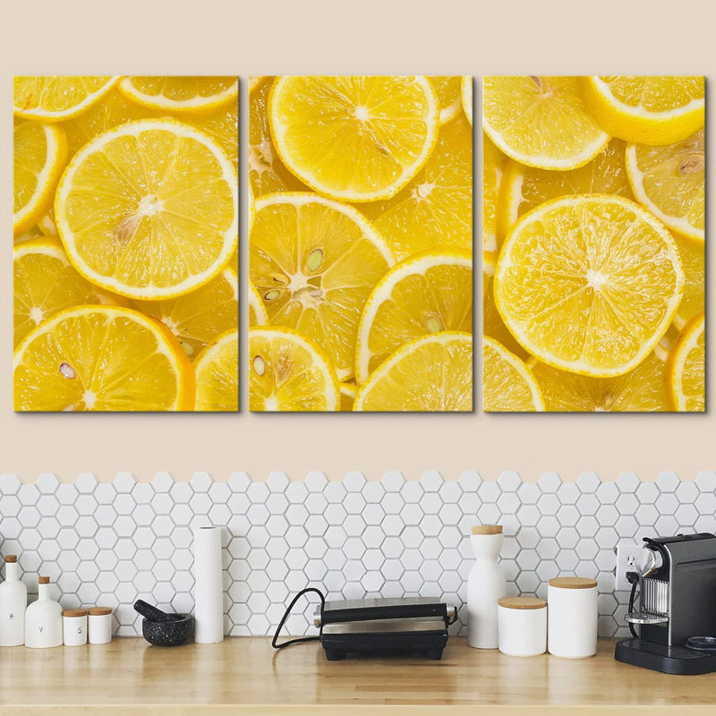 Impression de cuisine sur fond de citrons mûres tranchées sur toile, 3 pièces, Toile tendue, H 24 po x l 16 po
