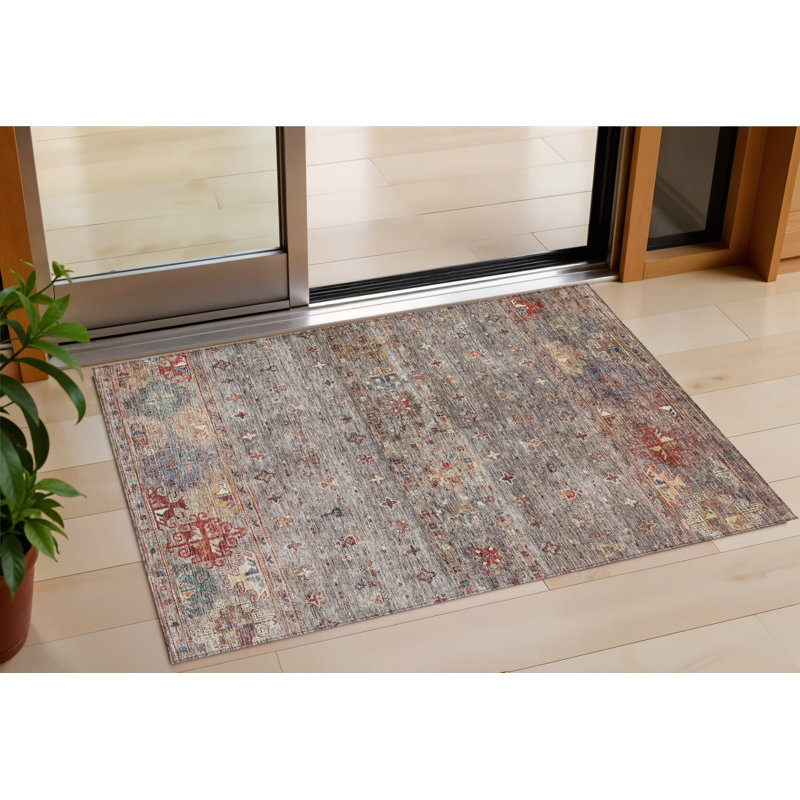 3' X 5' Gray Tan And Terra Cotta Floral Washable Indoor Outdoor Area Rug