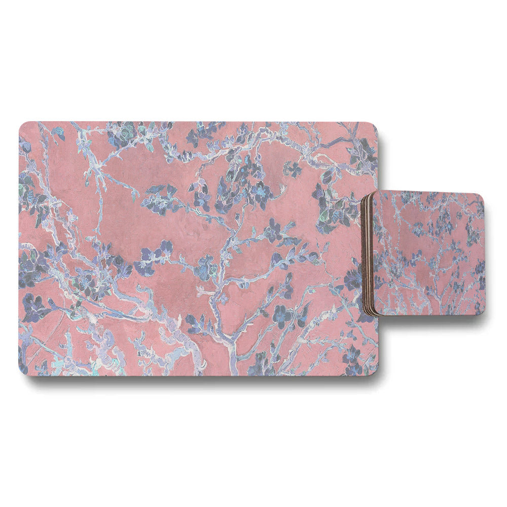 Pink Floral Placemat And Coaster Set With Blue Branch Design