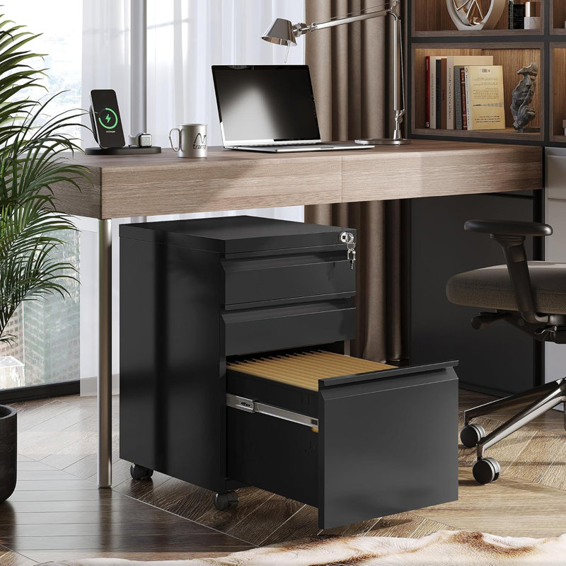 Rothesay 11.6“ Wide 3 Drawer Metal File Cabinet with Lock, Mobile Filing Cabinet for Home Office, Letter & Legal Size Compatible, Black File Cabinet, Printer Cabinet
