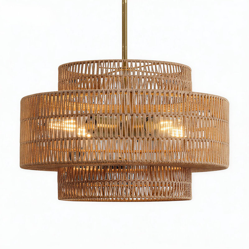 4-light Boho Rattan Chandelier Light Fixture, 17.7” Hand Woven Rustic Chandeliers Farmhouse Chandelier Hanging Light For Dining Room Kitchen Island, Living Room, Foyer
