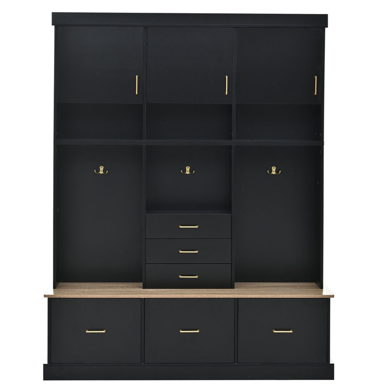 Entryway Hall Tree With Bench And Storage, 5-In-1 Modern Organizer With Coat Rack, Drawers, Cabinets, And Top Shelves For Efficient Space Utilization