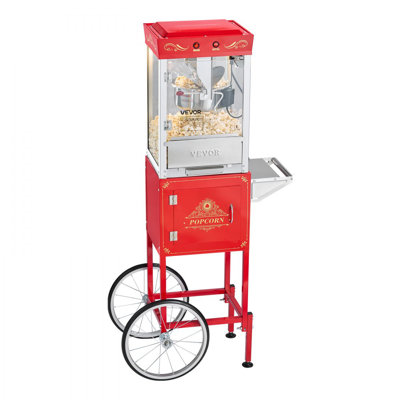 Popcorn Machine with Cart, 8oz Stainless Steel Kettle, 800W Commercial Popcorn Maker, 48 Cups per Batch Theatre Style Popper, with 2-Button Control Glass Wall PC Door 1 Scoop 3 Spoons, Red