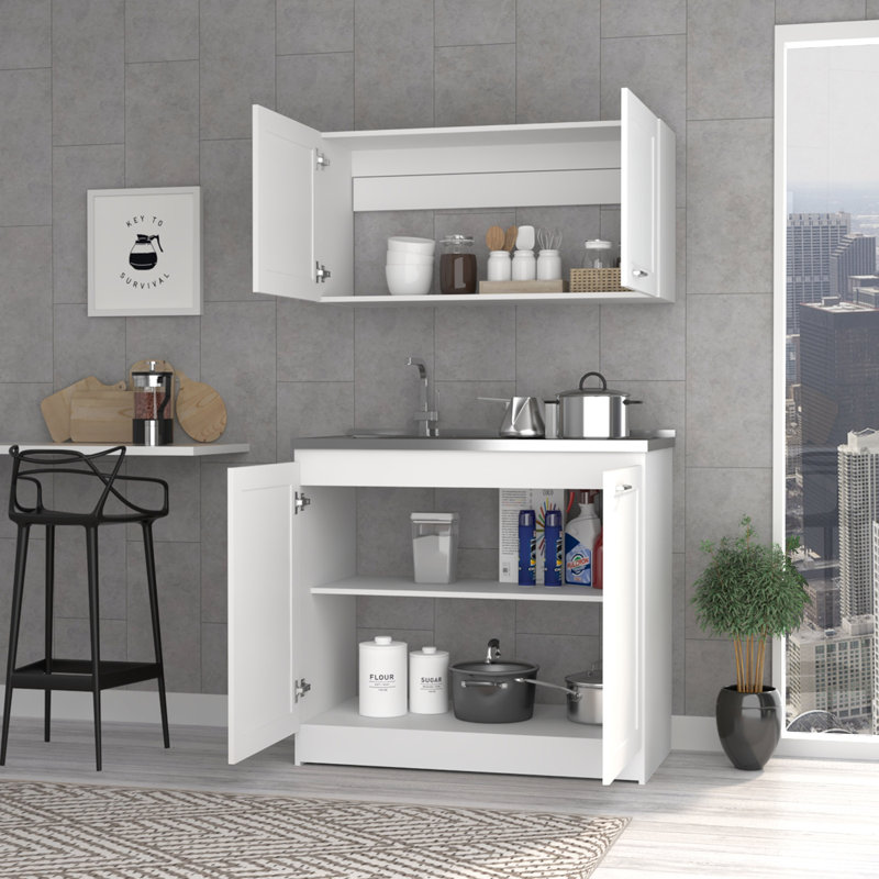 Ashura 2-pc Kitchen Cabinet Set includes Countertop base unit and wall mounted Cupboard, White