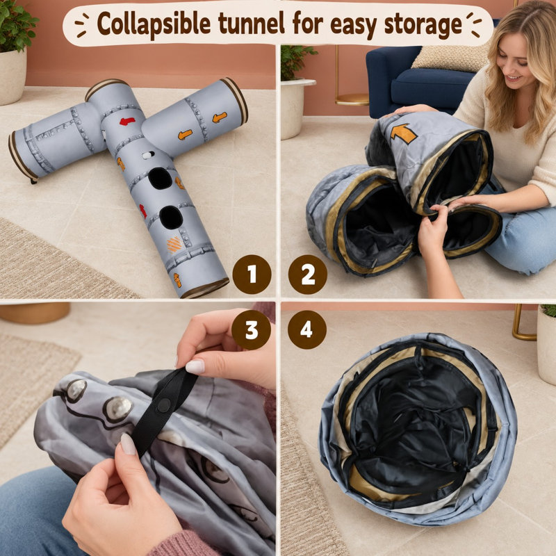 Ce tunnel pliable pour chat en 4 directions est fabriqué en tissu double couche résistant avec un imprimé imitation tuyau métallique et comporte un œilleton interactif pour les jeux de cache-cache des grands chats et des chatons.