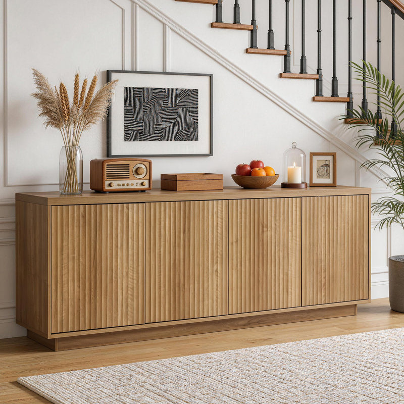 Meuble télé 68,5 po Mid-Century 68 po avec rangement cannelé avec gestion des câbles pour téléviseur de 75 po ou moins