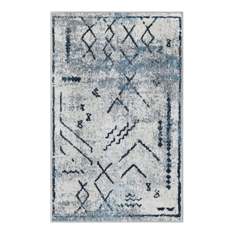 Tapis bleu / ivoire en polyester tissé à la machine Eudora, Rectangle 2 pi x 3 pi 1 po