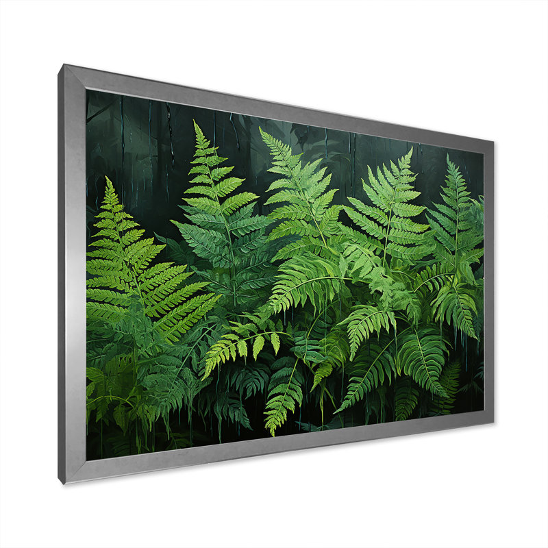 Fougères vertes émeraude I - décoration murale plantes, H 30 po x l 40 po x P 1,5 po, Cadre simple argenté