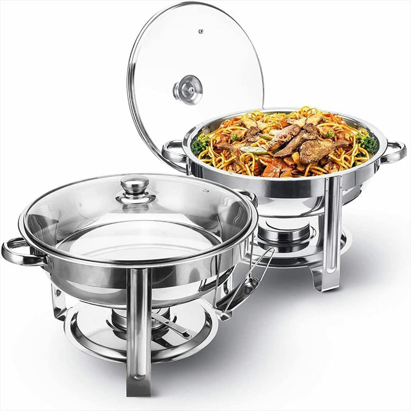 Mantraraj Stainless Steel Chafing Dish With Tempered Glass Lid 4.5L Round Food Warmer Buffet Server Serving Dishes Pack 2