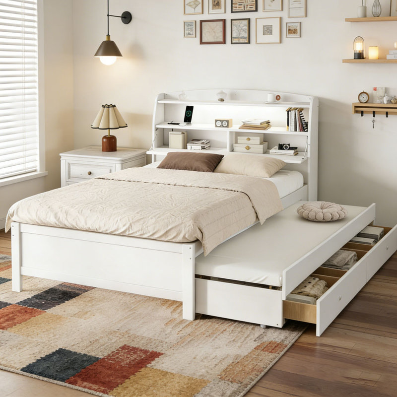 Lit plateforme en bois avec lit gigogne et tête de lit à DEL avec tiroirs, Lit double, Blanc