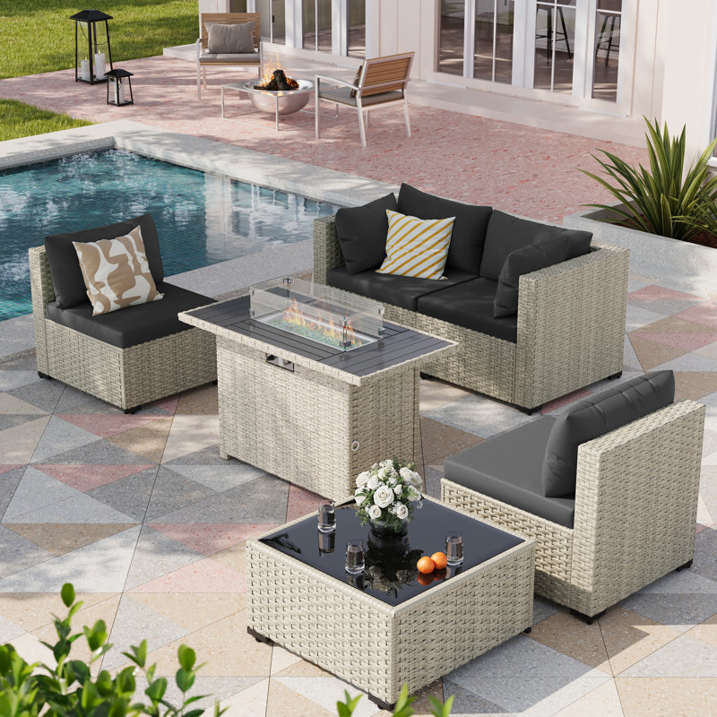 5 Pieces Design-Oriented Rattan Patio Conversation Sets With Fire Pit, Black