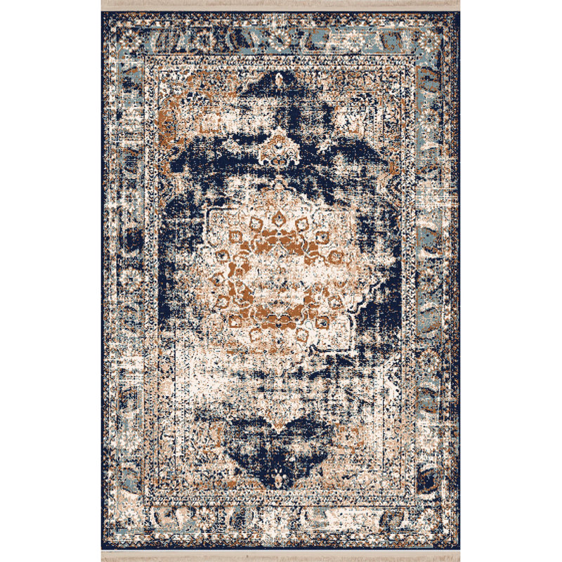 Tapis décoratif à motif traditionnel bleu marine et beige, Rectangle 4 pi 11,06 po x 7 pi 6,55 po