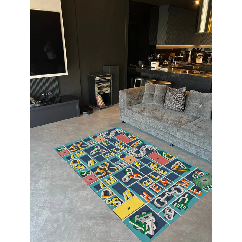 Tapis intérieur / extérieur bleu en polypropylène tissé à la machine Sirin, Rectangle 5 pi 1 po x 7 pi 7 po