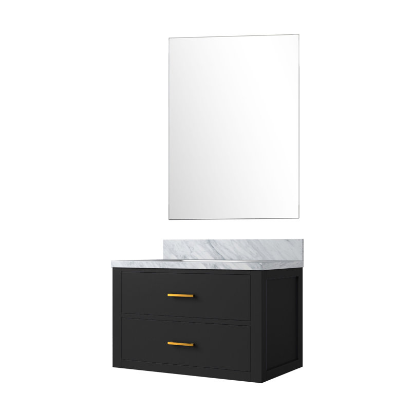 Castor 30 in W x 22 in D Single Bath Vanity and 28 in Mirror, White Carrara Marble, Black