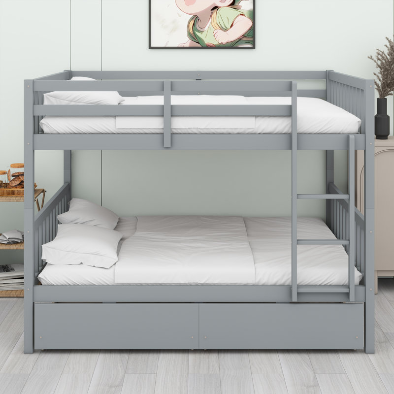 Lit superposé convertible avec tiroirs intégrés, échelle et garde-corps de sécurité, Gris