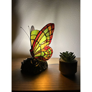 Tiffany Butterfly Mini Night Light Table Lamp Stained Glass Shade Green Red 10"H