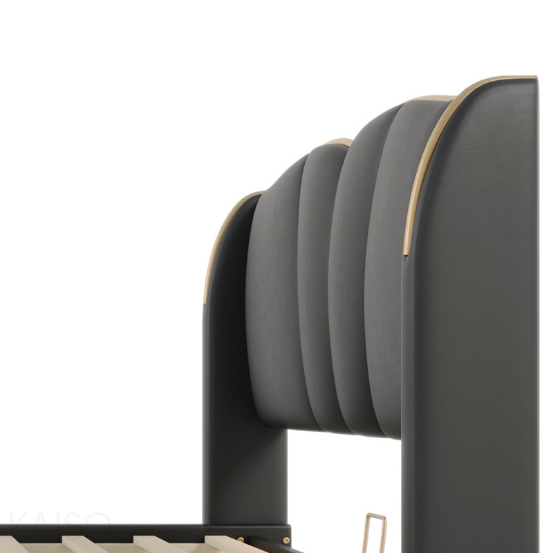 Cadre de lit tapissier en cuir grand format, cadre de lit moderne avec tête de lit à oreilles, cadre de lit plateforme tapissier avec pied de lit ondulé, finition noire