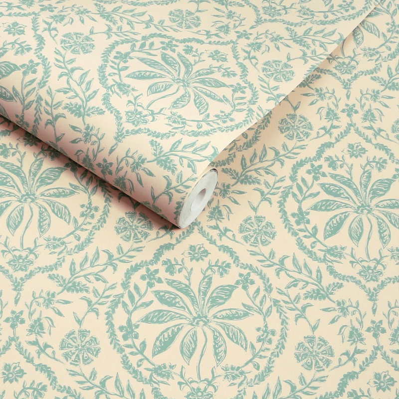 Joules Indienne Palm Cream/Duck Egg Blue Wallpaper