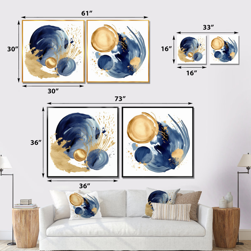 2 pièces - Texture de cercle abstrait bleu foncé et or VI, Toile tendue, H 16 po x l 33 po