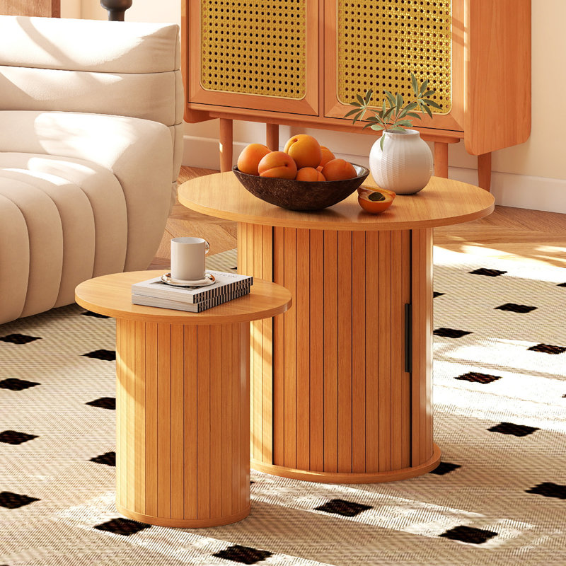 Wooden  Nesting Of Coffee Table With Metal Frame, Set Of 2 Spacious Top Coffee Table Sets With Hidden Storage Space, Natural