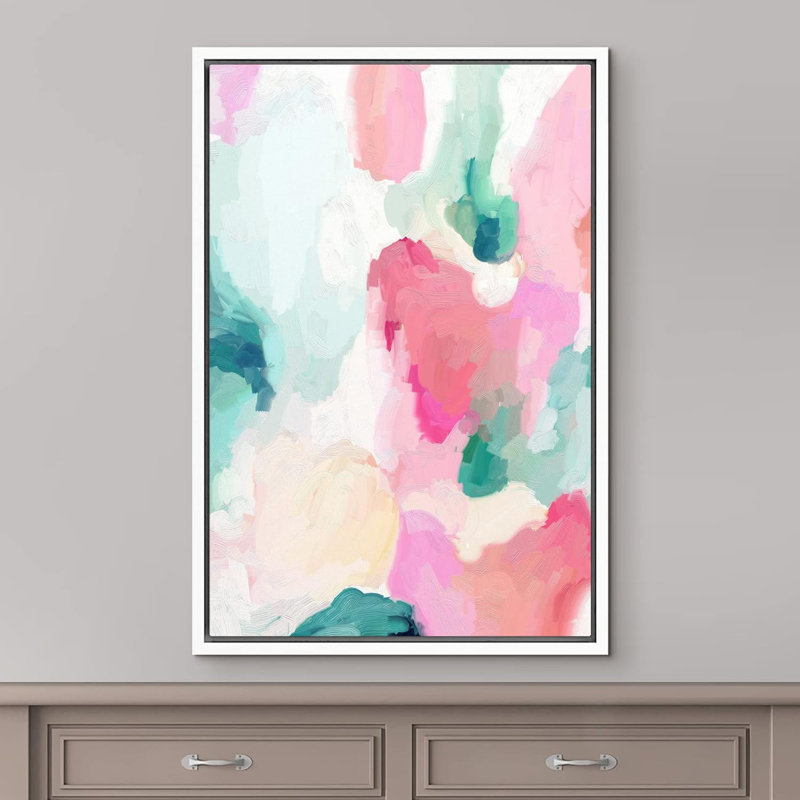Peinture abstraite rose pastel, vert et jaune, Blanc, H 24 po x l 16 po x P 1,5 po
