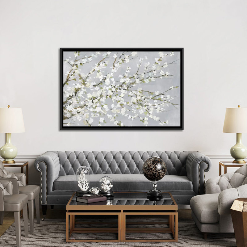 «White Blossoms», reproduction sur toile, H 40 po x l 60 po x P 1,5 po, Toile avec cadre noir, Pas de tapis