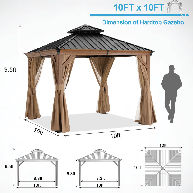 Aluminum Patio Gazebo Permanent Hardtop Gazebos, Woodgrain, 10 ft. x 10 ft.