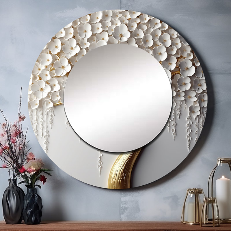 Orchidée blanche Pipsa, jardin de branches II - grand miroir d'arbre floral, 23 po x 23 po