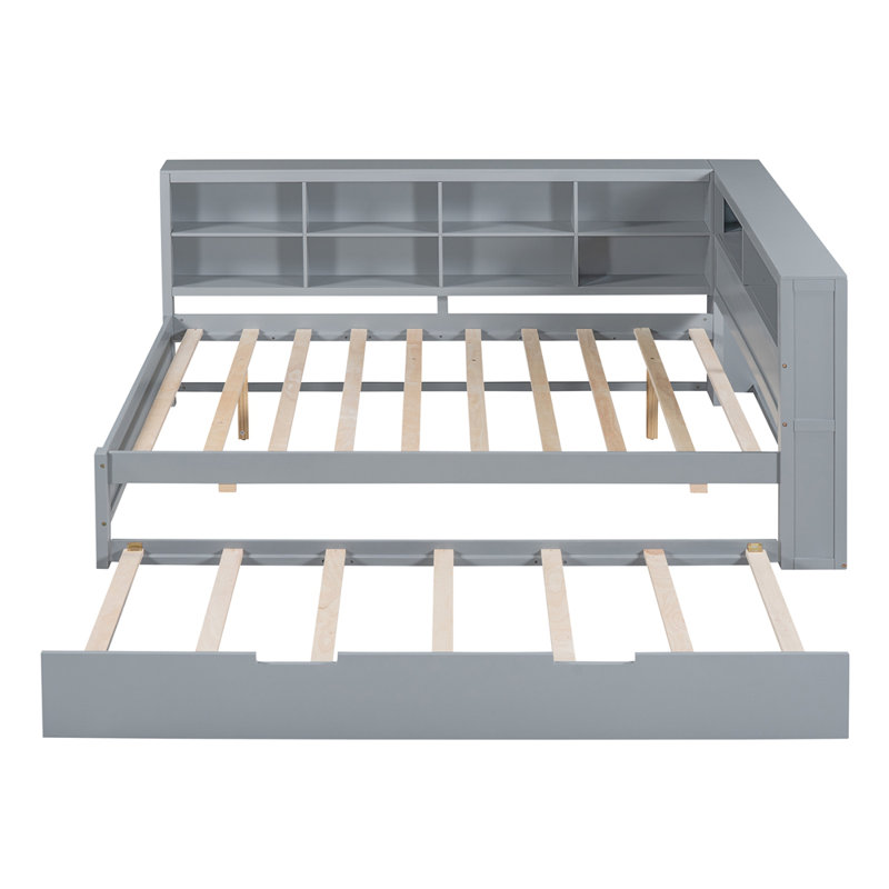 Lit de jour en bois double avec lit gigogne simple, lit de jour avec tablette de rangement et ports de chargement USB, gris